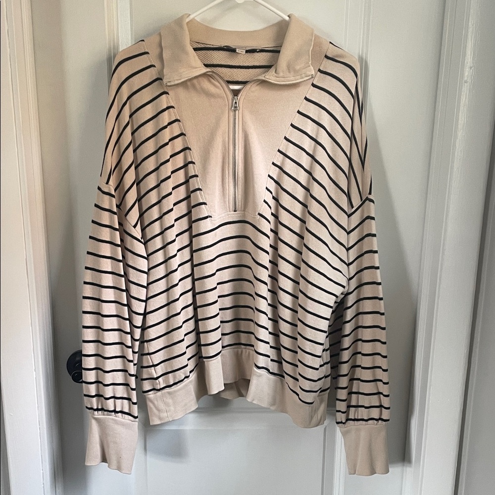 LOFT Beige and Black Striped Pullover Zip-Up Sweater